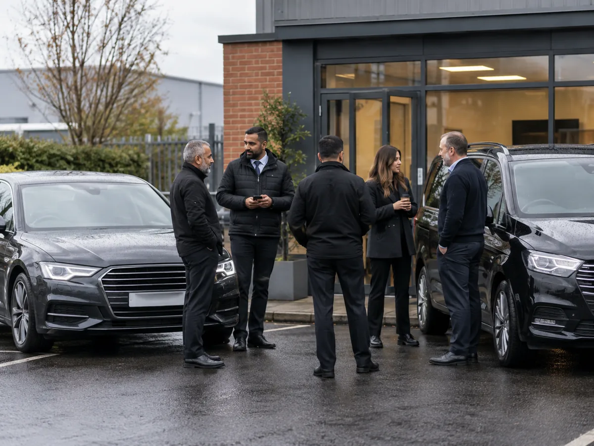 Whizz Cars drivers and booking staff outside the office