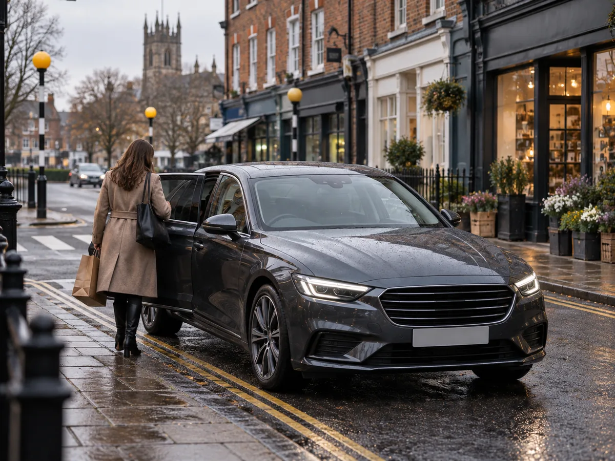 Passenger getting into a local taxi on a UK high street