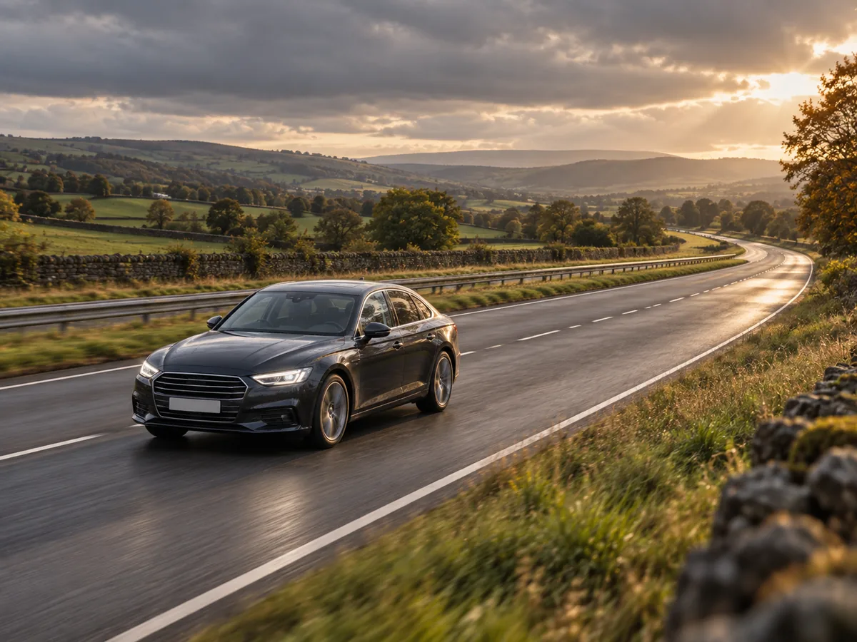 Taxi on a UK dual carriageway through open countryside