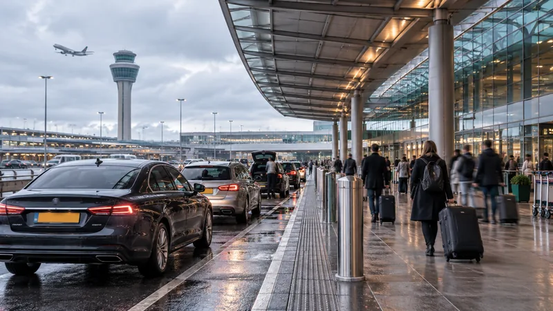 Taxis waiting at the Manchester Airport terminal drop-off